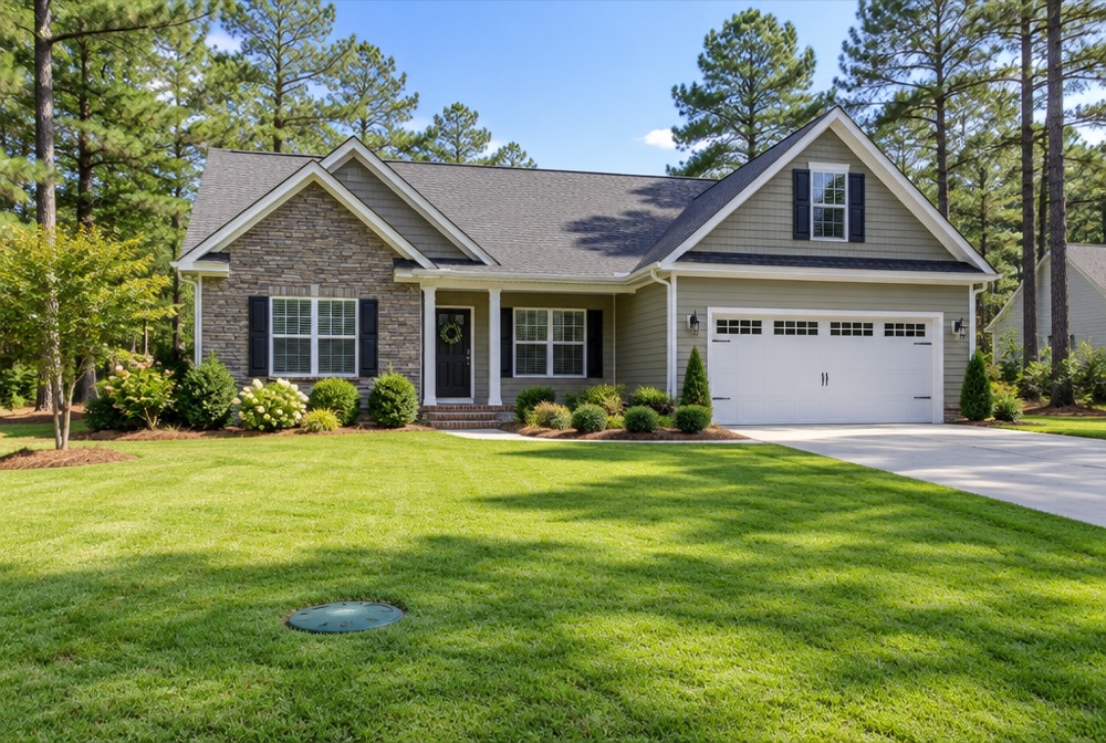 A Fayetteville, NC home with an installed residential septic system in the yard