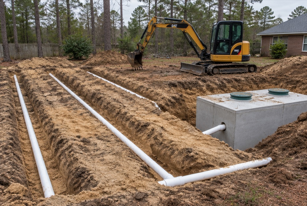 A septic system installation in progress in a Fayetteville, NC yard
