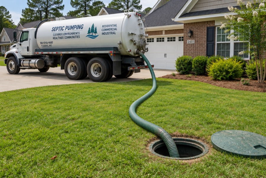 A septic pumping truck servicing a home's septic tank in Fayetteville, NC