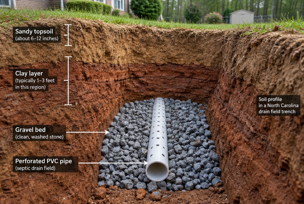 A drain field and septic system on a rural lot in Cumberland County, NC